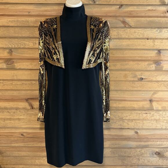 Bob Mackie Evening Bolero Dress Black Gold Beaded Vintage Size 4 1980’s - Picture 1 of 16